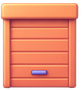 Porte de garage en bois orange avec une petite poignée violette.