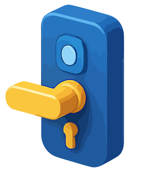 Serrure de porte bleue avec poignée à levier et trou de serrure jaunes.