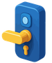 Serrure de porte bleue avec poignée à levier et trou de serrure jaunes.