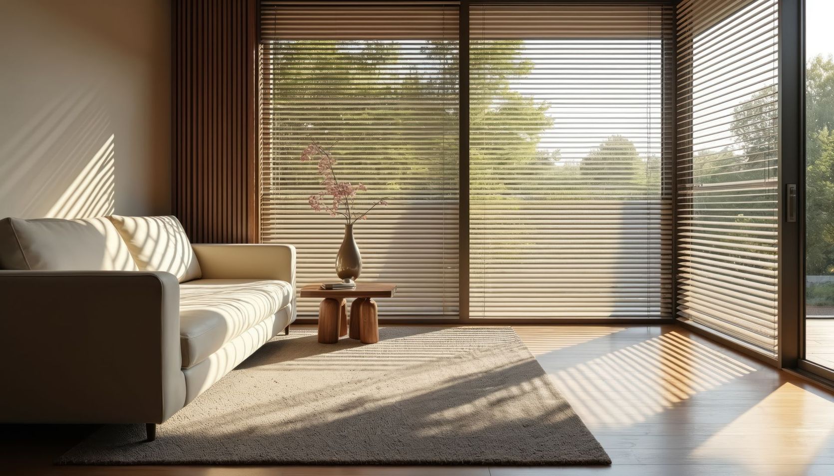 Salon lumineux avec canapé, stores, tapis et parquet près de grandes fenêtres.
