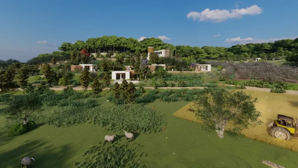 Una vista aérea de un exuberante campo verde con árboles y ovejas.