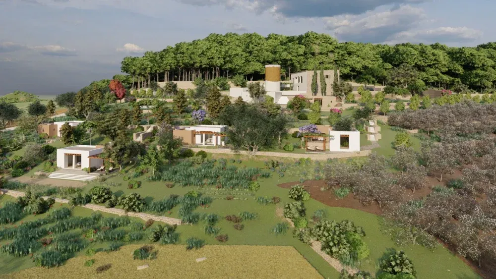 Una vista aérea de una casa en la cima de una colina rodeada de árboles.