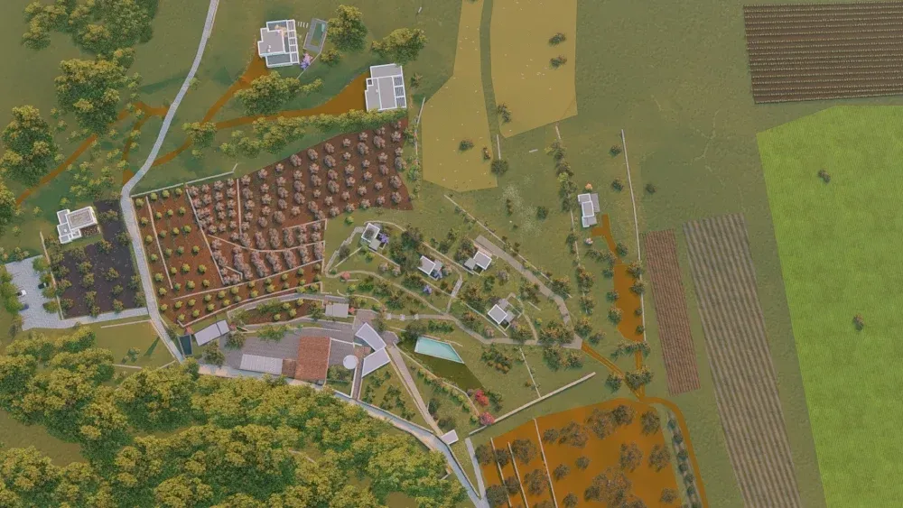 Una vista aérea de una granja con muchos árboles y campos.