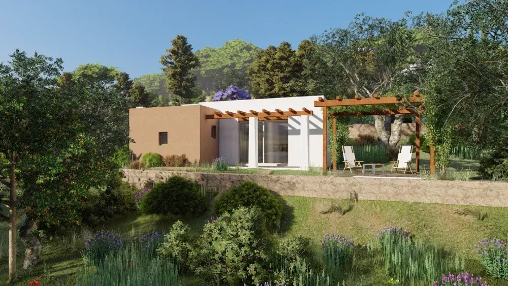 Impresión artística de una casa rodeada de árboles y flores.