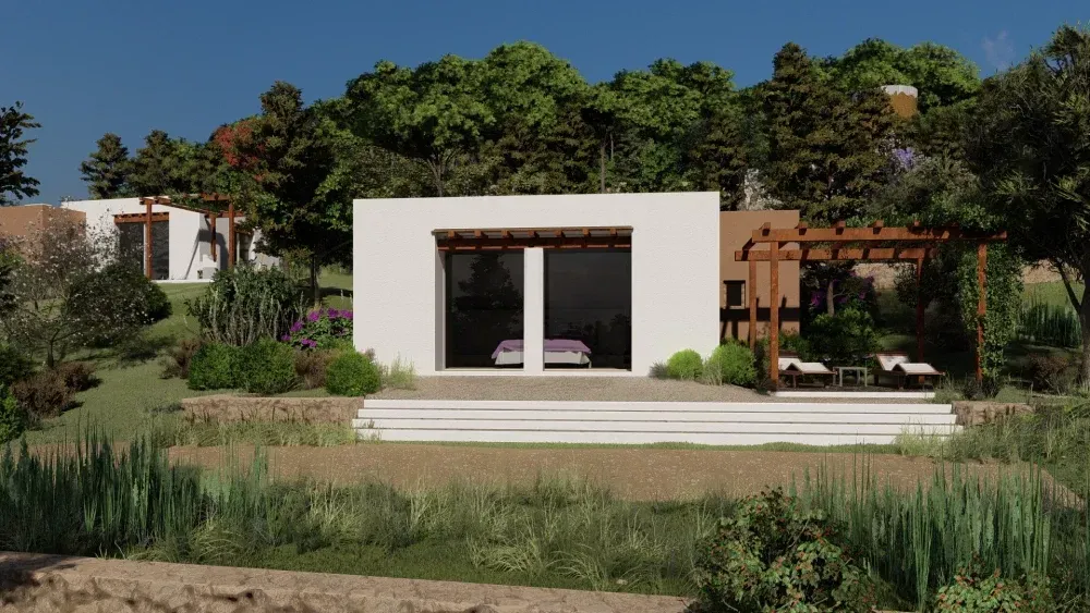 Impresión artística de una pequeña casa blanca rodeada de árboles.