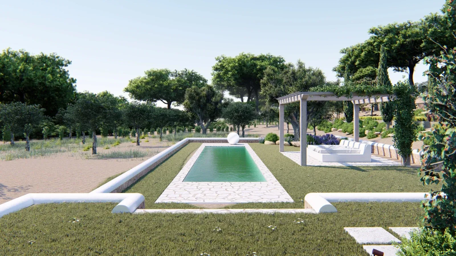 Una gran piscina está rodeada de árboles y césped.