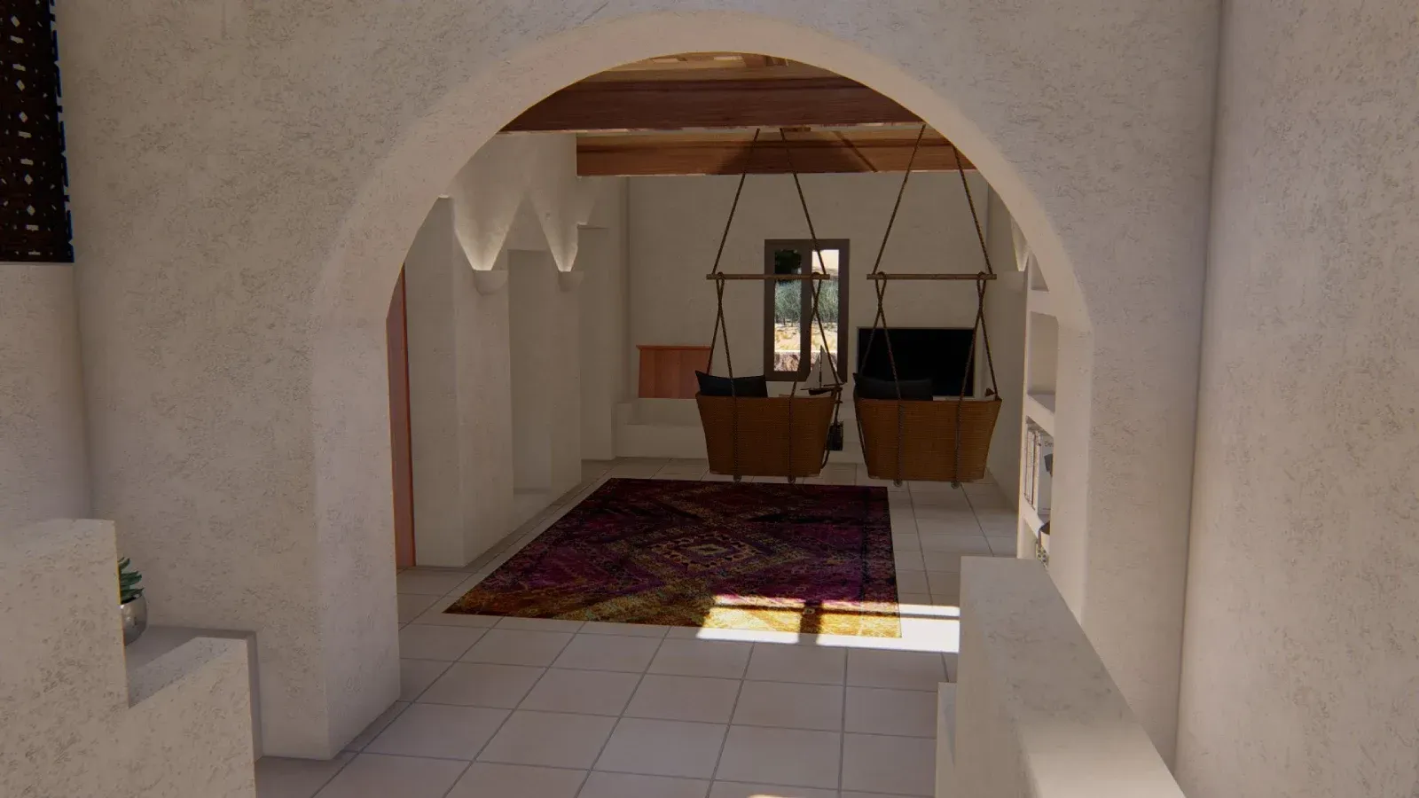 Una representación de una sala de estar con arcos y una alfombra.