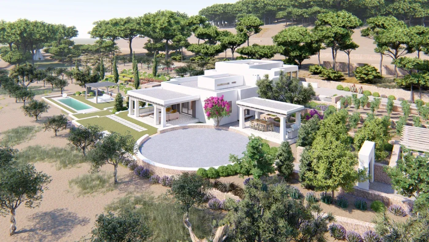 Finca en Ibiza con casa y piscina, estilo ibicenco.