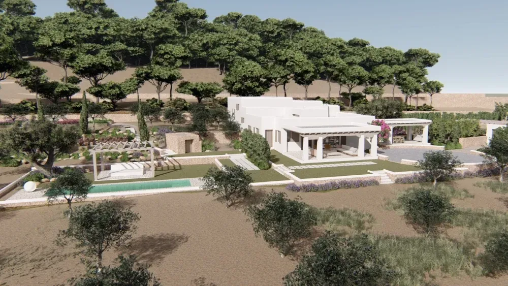 Una vista aérea de una casa con piscina y árboles al fondo.