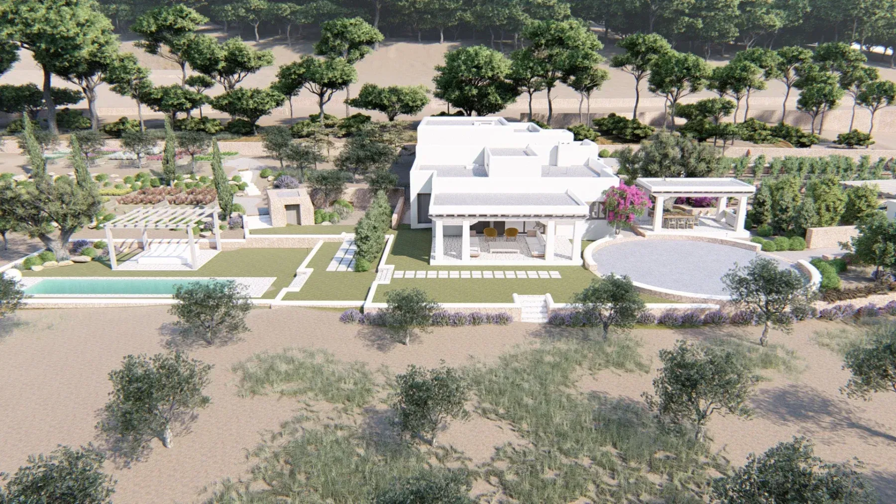 Villa ibicenca en el campo, con piscina y porches