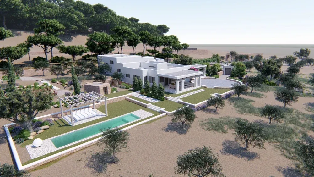 Una vista aérea de una casa con piscina y árboles.