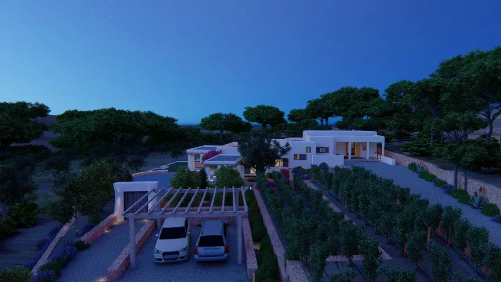 Una vista aérea de una casa con dos coches aparcados delante de ella.