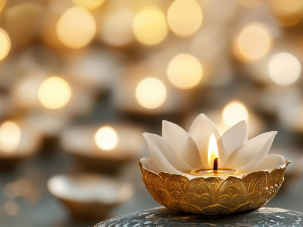 Bougie diya dorée allumée dans un support blanc en forme de fleur, avec des lumières chaudes et floues en arrière-plan.