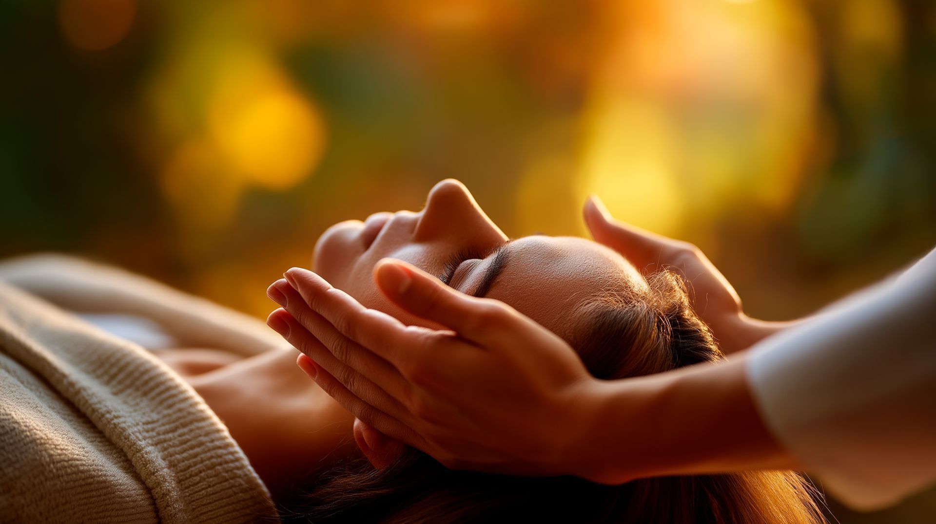 Une personne reçoit un massage facial doux dans un cadre chaleureux et tamisé.