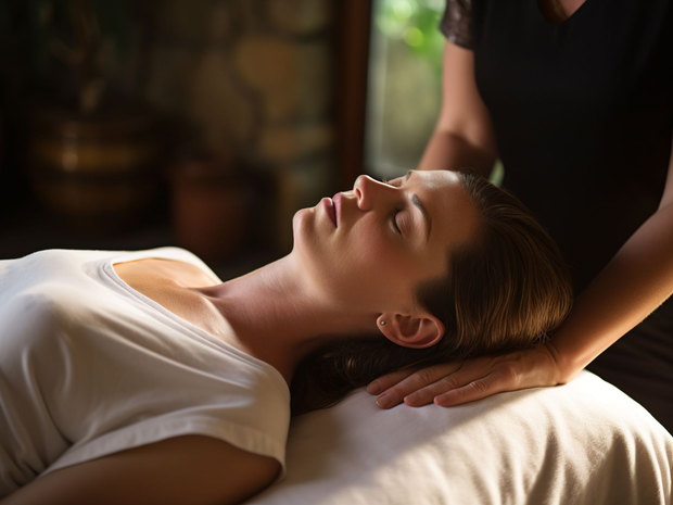 Une femme allongée sur une table de massage se fait masser la nuque et les épaules par un thérapeute.