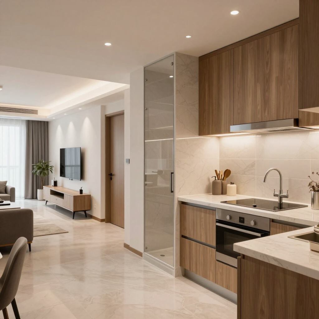 Apartamento moderno de planta abierta con cocina de madera, suelos de mármol y una luminosa vista al salón.