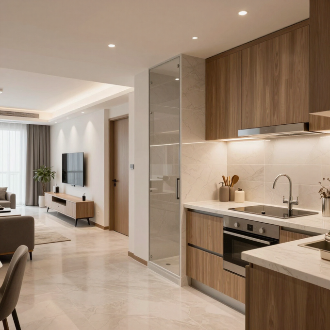 Apartamento moderno de planta abierta con cocina de madera, suelos de mármol y una luminosa vista al salón.