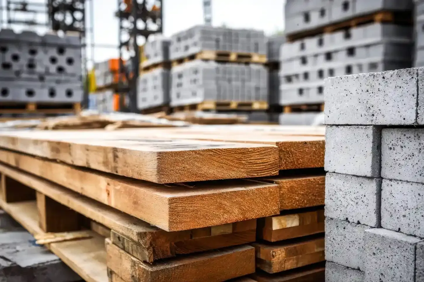 Madera apilada y bloques de hormigón en una obra en construcción, con edificios sin terminar al fondo.