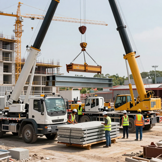 Obra en construcción con dos grúas elevando materiales y trabajadores con chalecos de seguridad.
