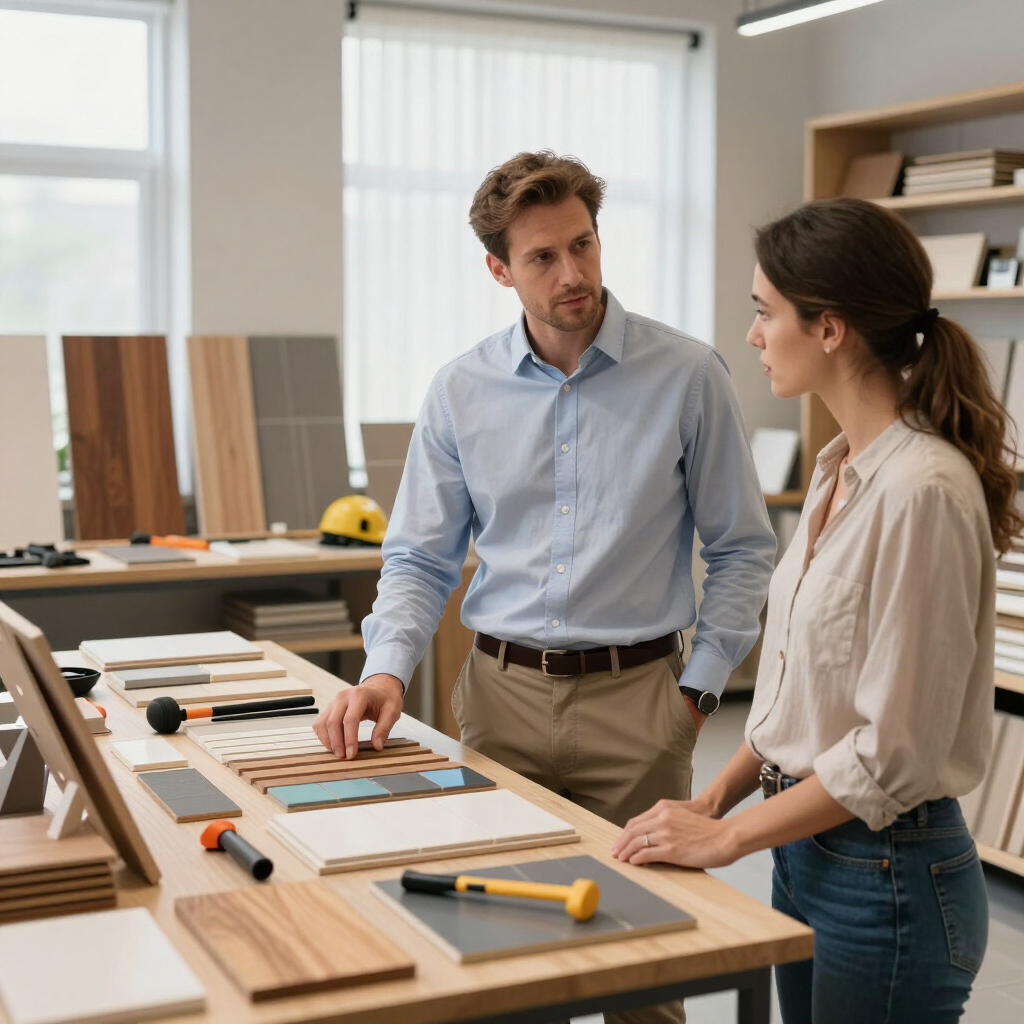 Dos personas conversando sobre muestras de madera y herramientas en un banco de trabajo en un taller luminoso.
