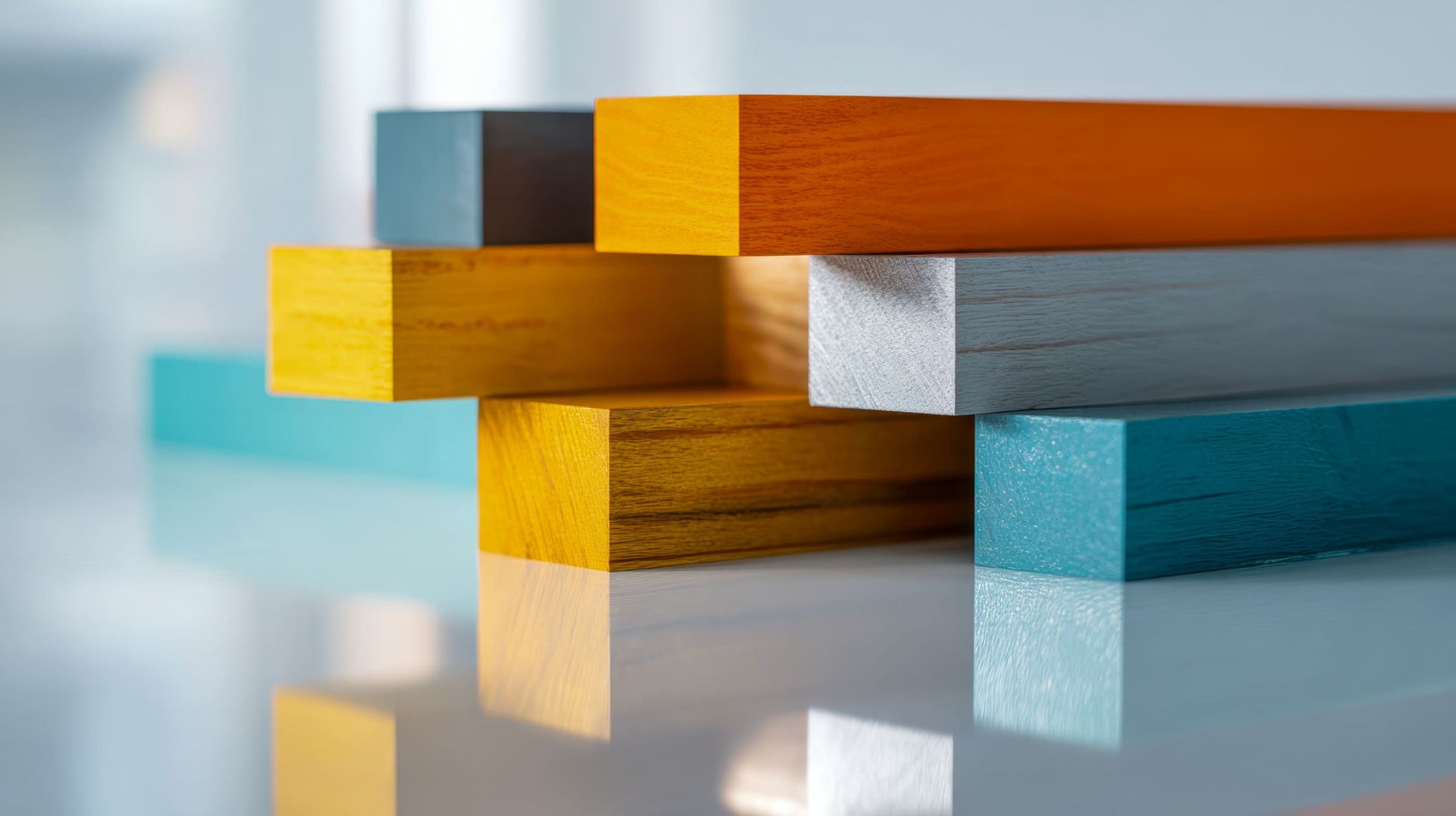 Bloques de madera de colores apilados en forma de cruz, que se reflejan en una superficie brillante.