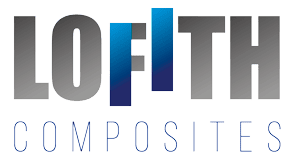 Logotipo de LOFITH Composites. Texto gris, barras verticales azules y la palabra "COMPOSITES" debajo.