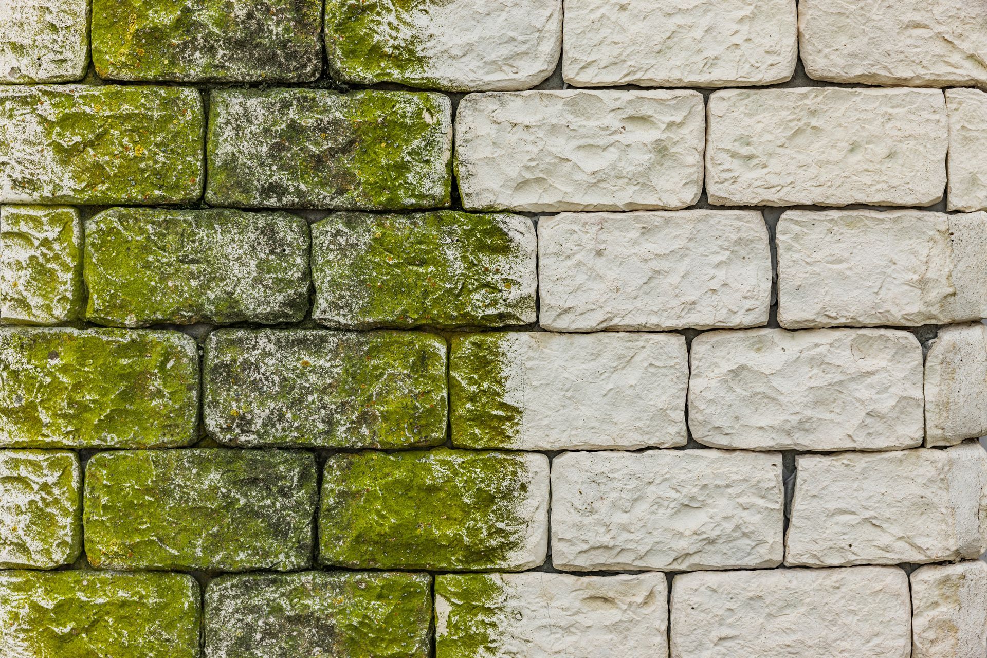 Un mur de pierre présentant un contraste net entre une face propre et claire et une face recouverte de mousse verte ou d'algues.