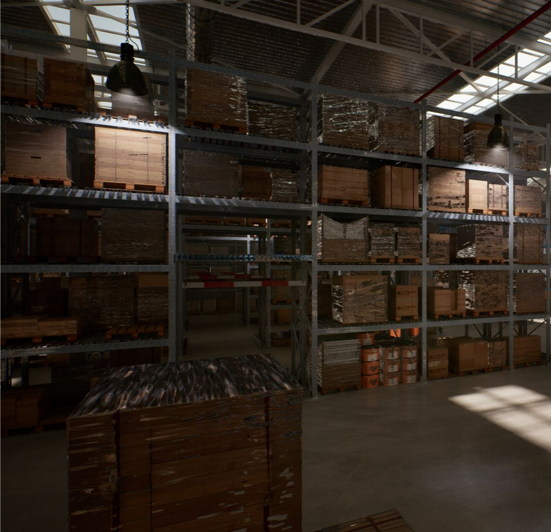 Intérieur d'entrepôt avec des étagères remplies et des caisses en bois.