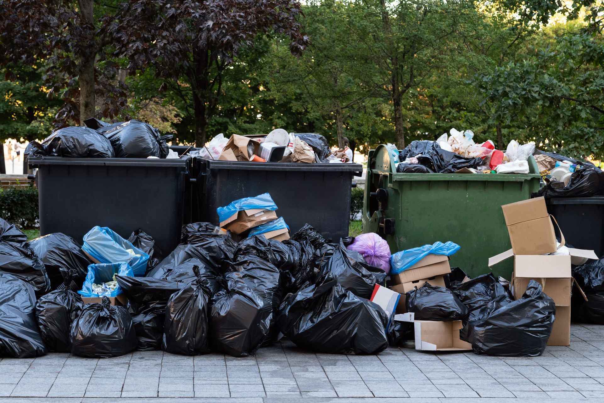 Sacs-poubelle noirs débordant de poubelles vertes et noires, posées à l'extérieur sur le trottoir.