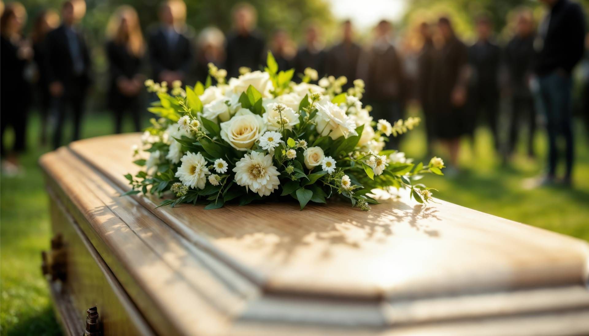 ein Holzsarg auf einer Beerdigung, der mit weißen Rosen geschmückt ist