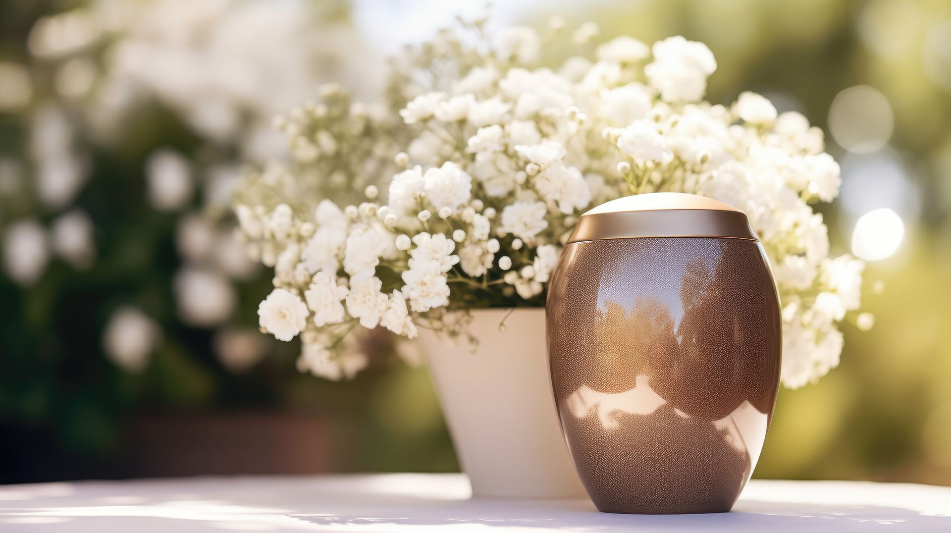 eine Urne steht neben einer Vase mit weißen Blumen