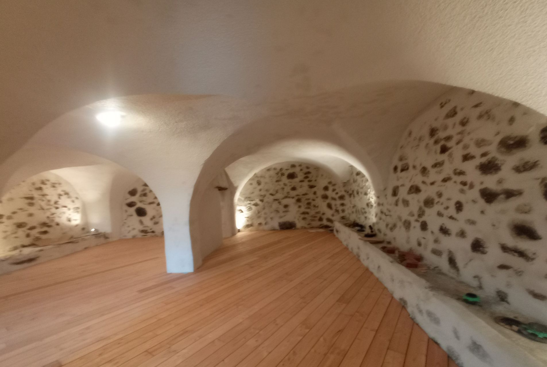 Pièce vide rénovée avec sol en parquet, arches et spots allumés