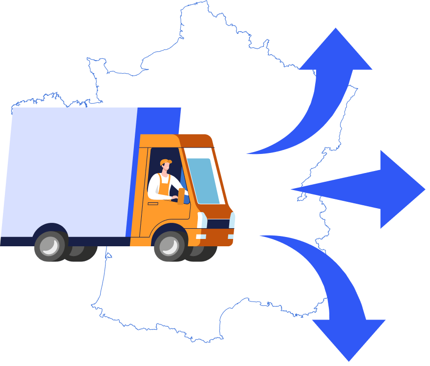 Camion sur une carte de France avec flèches qui sortent du territoire