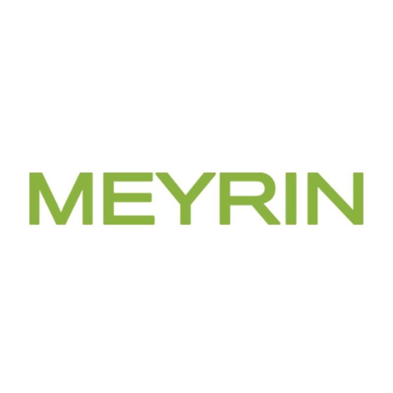 Un logo vert pour une entreprise appelée meyrin sur fond blanc.