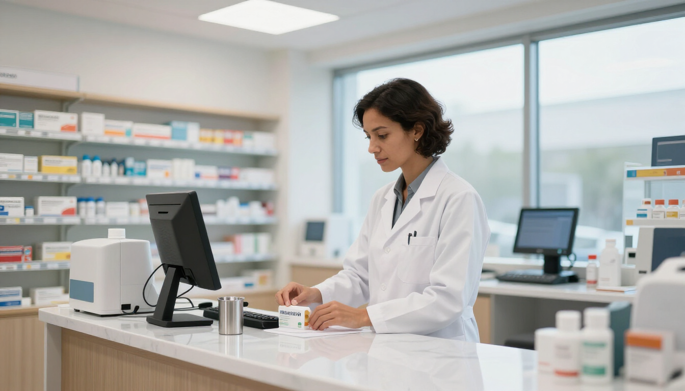 Farmacéutico con bata blanca trabajando en el mostrador de una farmacia con estantes de medicamentos al fondo.