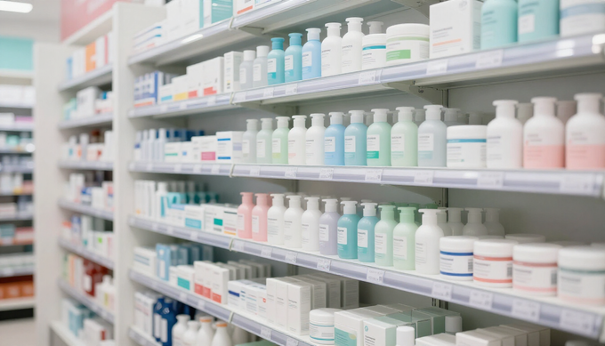 Filas de frascos blancos de medicamentos recetados y cajas de medicamentos en los estantes de la farmacia.