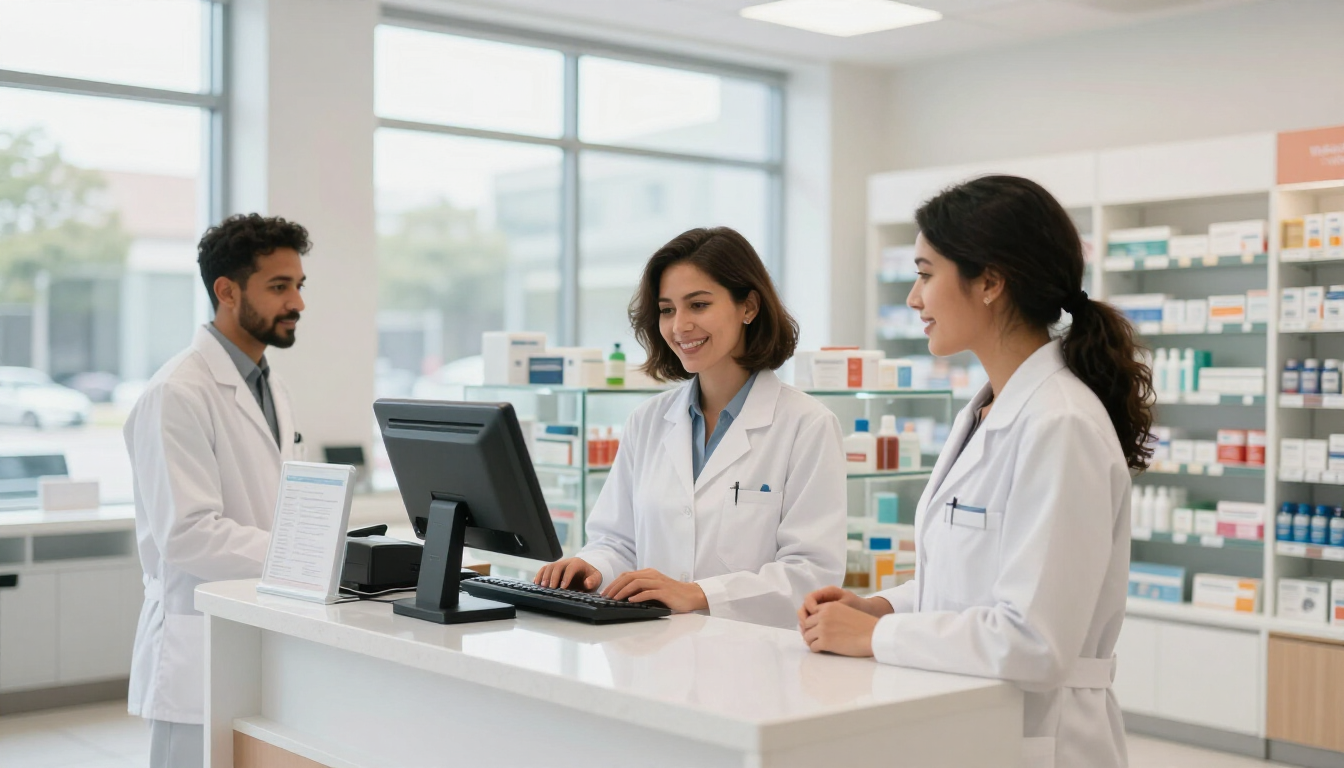Tres farmacéuticos con batas blancas conversando en el mostrador de una farmacia con estantes de medicamentos detrás.