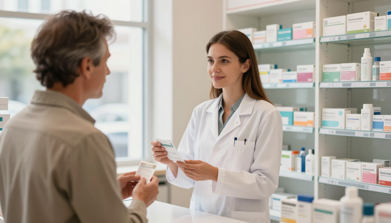 Farmacéutico entregando un medicamento a un cliente en el mostrador de una farmacia, con estantes de medicamentos al fondo.