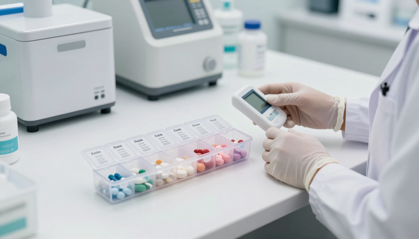 Un técnico de laboratorio, con guantes puestos, escanea una bandeja de muestras con un lector portátil.