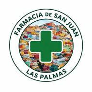 Logo circular de Farmacia de San Juan, Las Palmas, con cruz verde sobre collage multicolor.