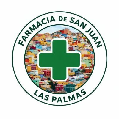 Logo circular de Farmacia de San Juan, Las Palmas, con cruz verde sobre collage multicolor.