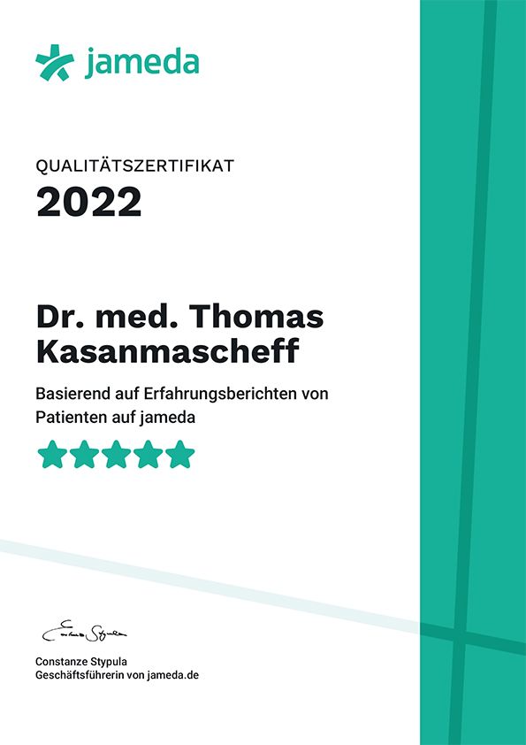 Jameda Qualitätszertifikat 2022 für Dr. Thomas Kasanmascheff, basierend auf Patientenbewertungen, fünf Sterne.