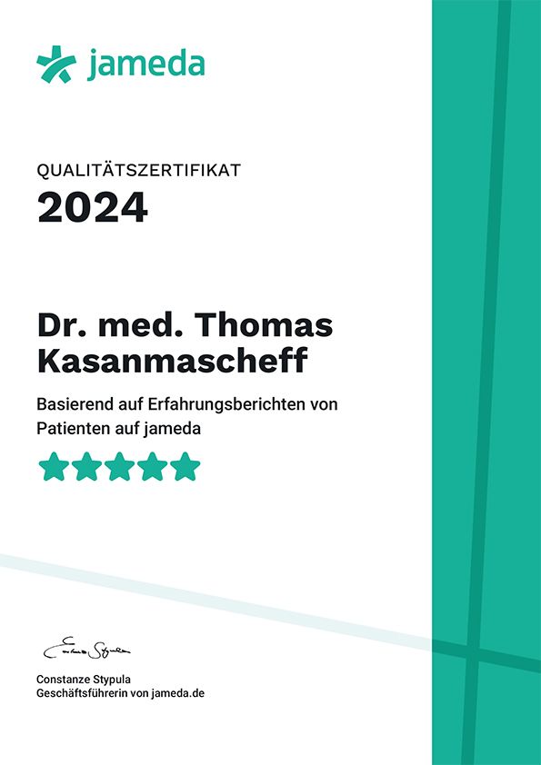 Zertifikat von Jameda für Dr. med. Thomas Kasanmascheff mit fünf Sternen Patientenbewertungen im Jahr 2024.
