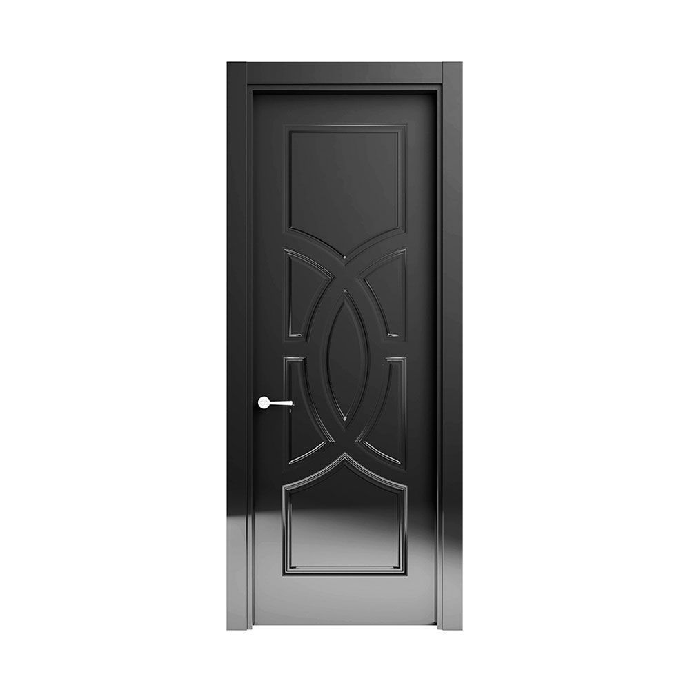 Una puerta negra con una manija blanca sobre un fondo blanco.