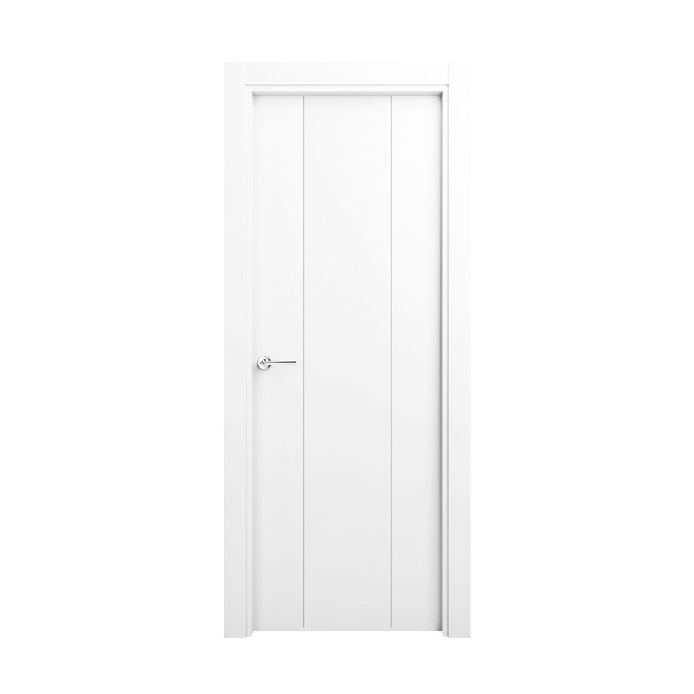 Una puerta blanca con tirador sobre un fondo blanco.