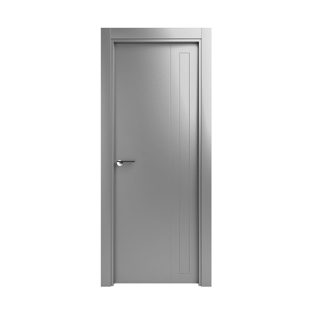 Una puerta gris con tirador sobre un fondo blanco.