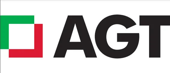 El logotipo de agt es negro y rojo con un cuadrado verde en el medio.