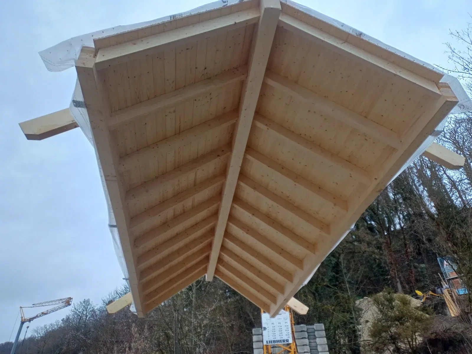 Das Dach eines hölzernen Pavillons, von unten gesehen, vor einem bewölkten Himmel, im Hintergrund Bäume.