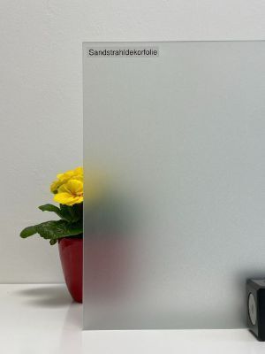 Blumentopf, halb hinter sandgestrahltem Glas
