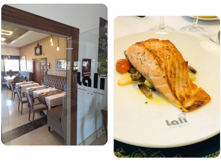 Una pantalla dividida que muestra el interior de un restaurante con mesas a la izquierda y un plato de salmón sellado en un plato blanco a la derecha.